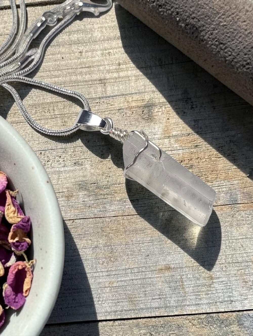 Clear Quartz Point Pendant Necklace - Silver Wire Wrap